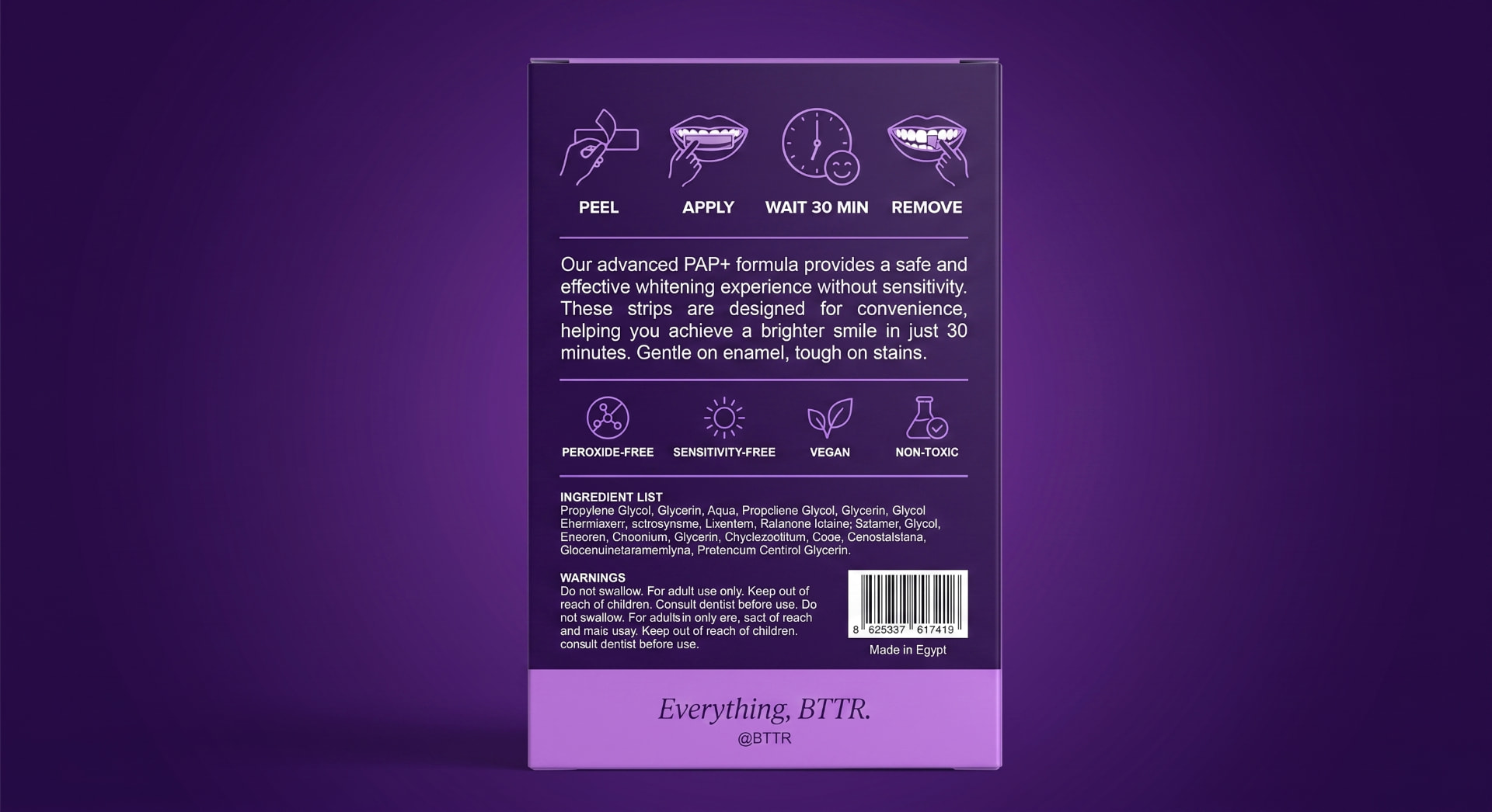 Back of the BTTR Smile box showing usage steps and formula claims